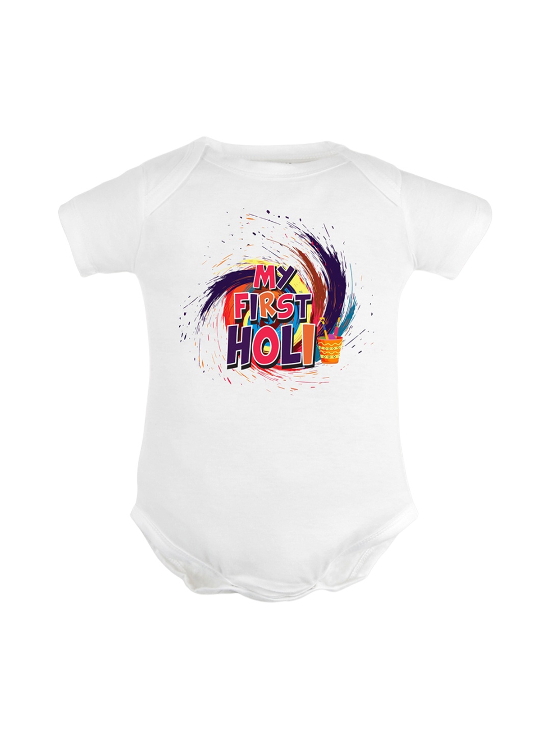 

FFLIRTYGO Infants My First Holi Typography Printed Envelope Neck Pure Cotton Bodysuit, White