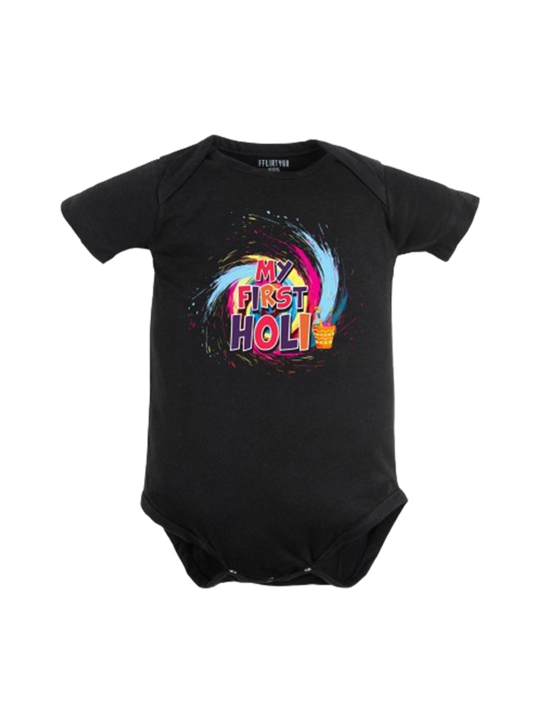 

FFLIRTYGO Infant Typography Printed Holi Special Pure Cotton Bodysuit, Black