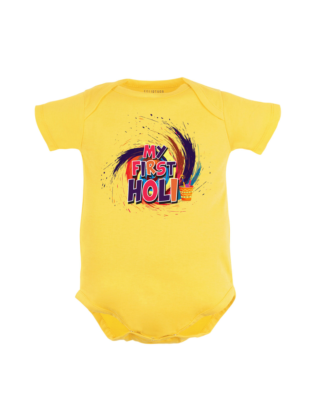 

FFLIRTYGO Infants Typography Printed Holi Special Pure Cotton Bodysuit, Yellow