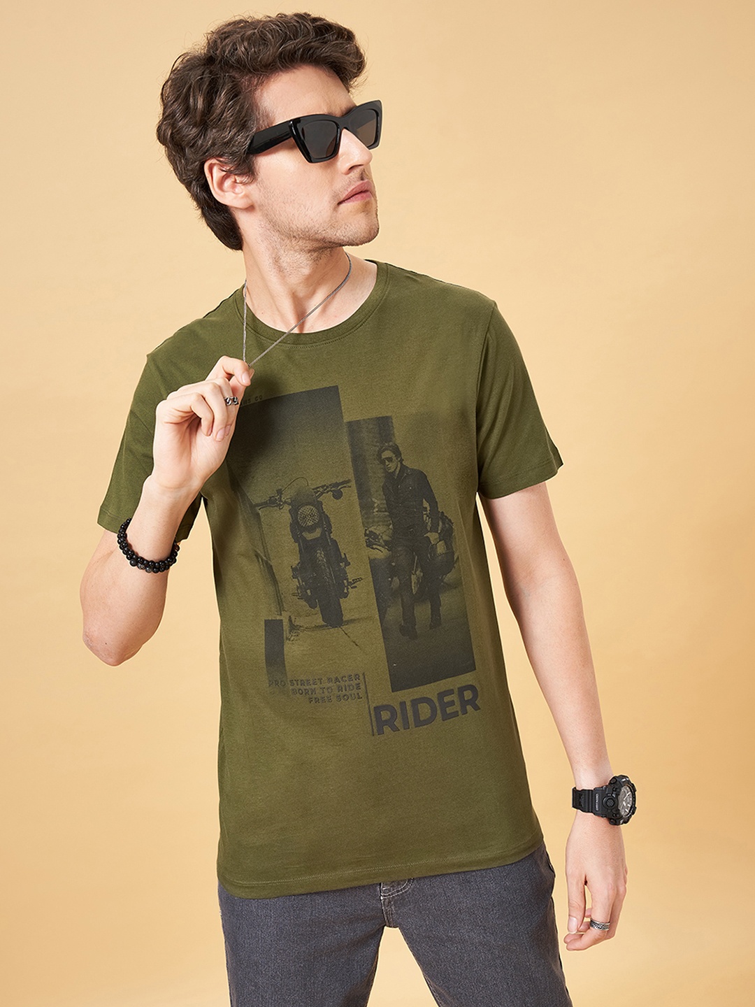

SF JEANS by Pantaloons Biker Printed Round Neck Cotton Slim Fit T-shirt, Olive