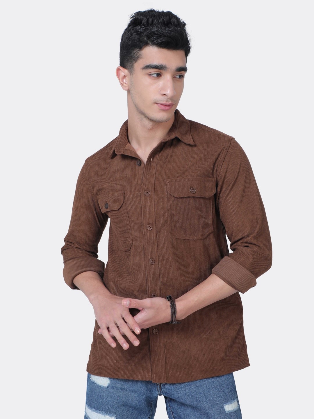 

BADMAASH Standard Slim Fit Long Sleeves Corduroy Casual Shirt, Coffee brown