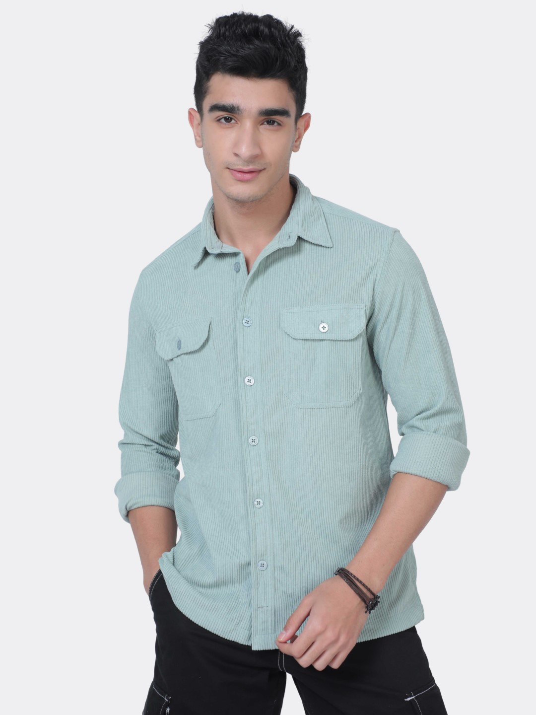 

BADMAASH Standard Slim Fit Spread Collar Long Sleeves Corduroy Casual Shirt, Green