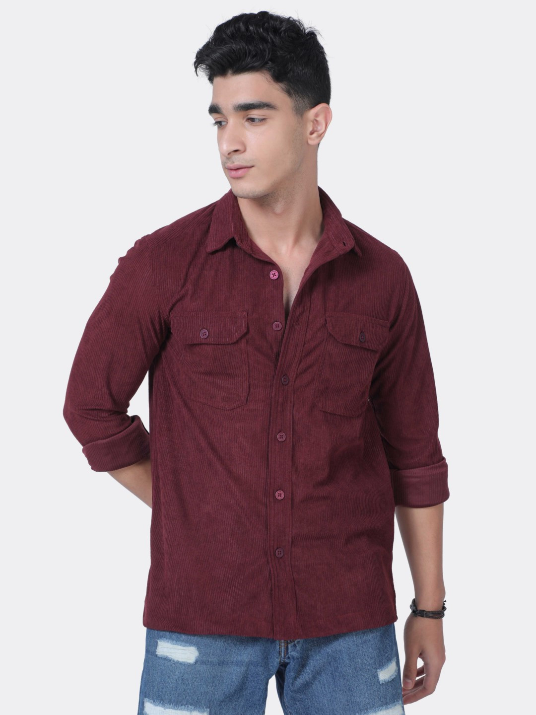 

BADMAASH Standard Slim Fit Corduroy Casual Shirt, Burgundy