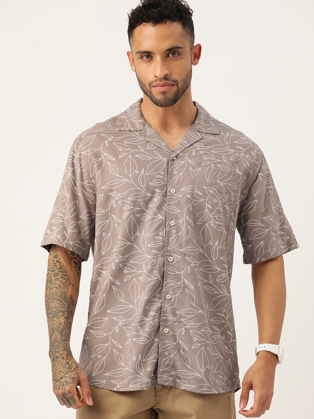 

ETC Men Floral Printed Cuban Collar Casual Shirt, Beige