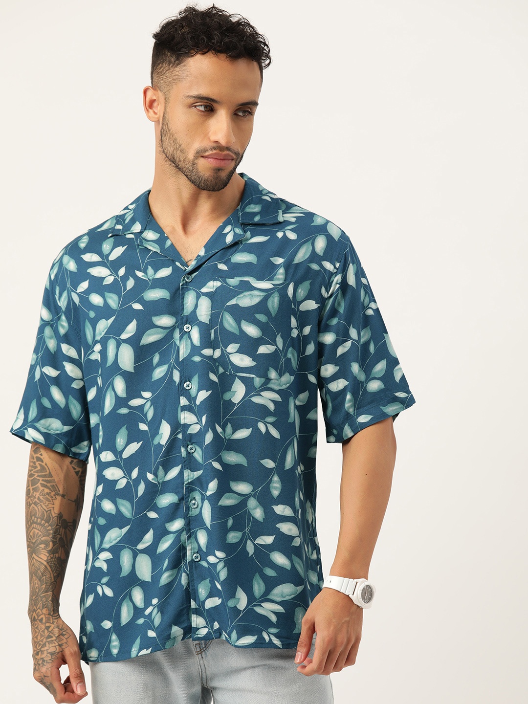 ETC Men Tropical Printed Cuban Collar Casual Shirt, Blue