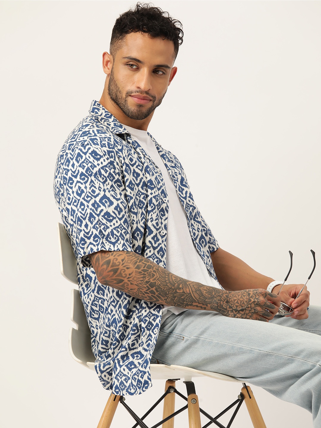 ETC Men Printed Cuban Collar Casual Shirt, Blue