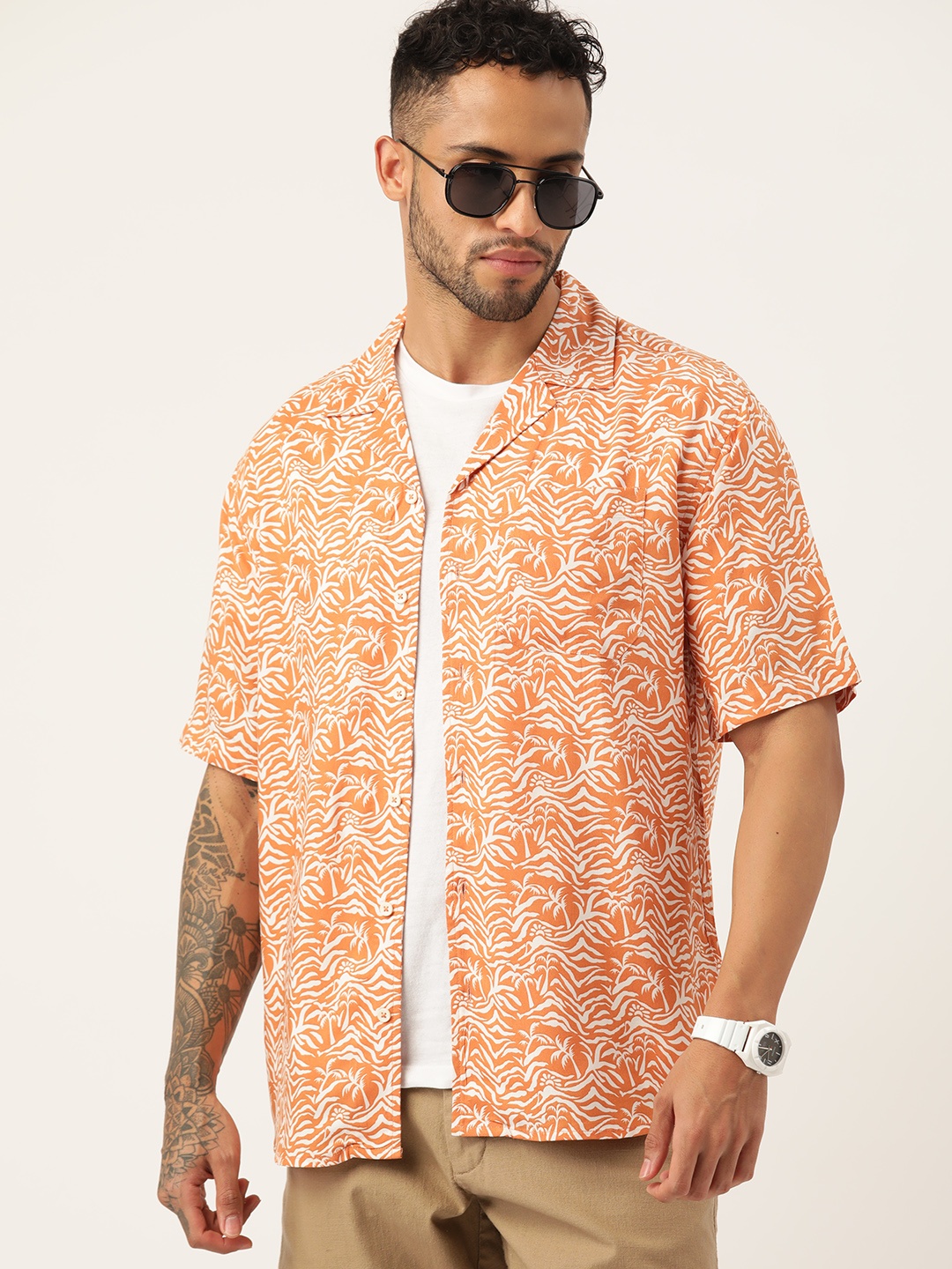 

ETC Men Printed Cuban Collar Casual Shirt, Rust