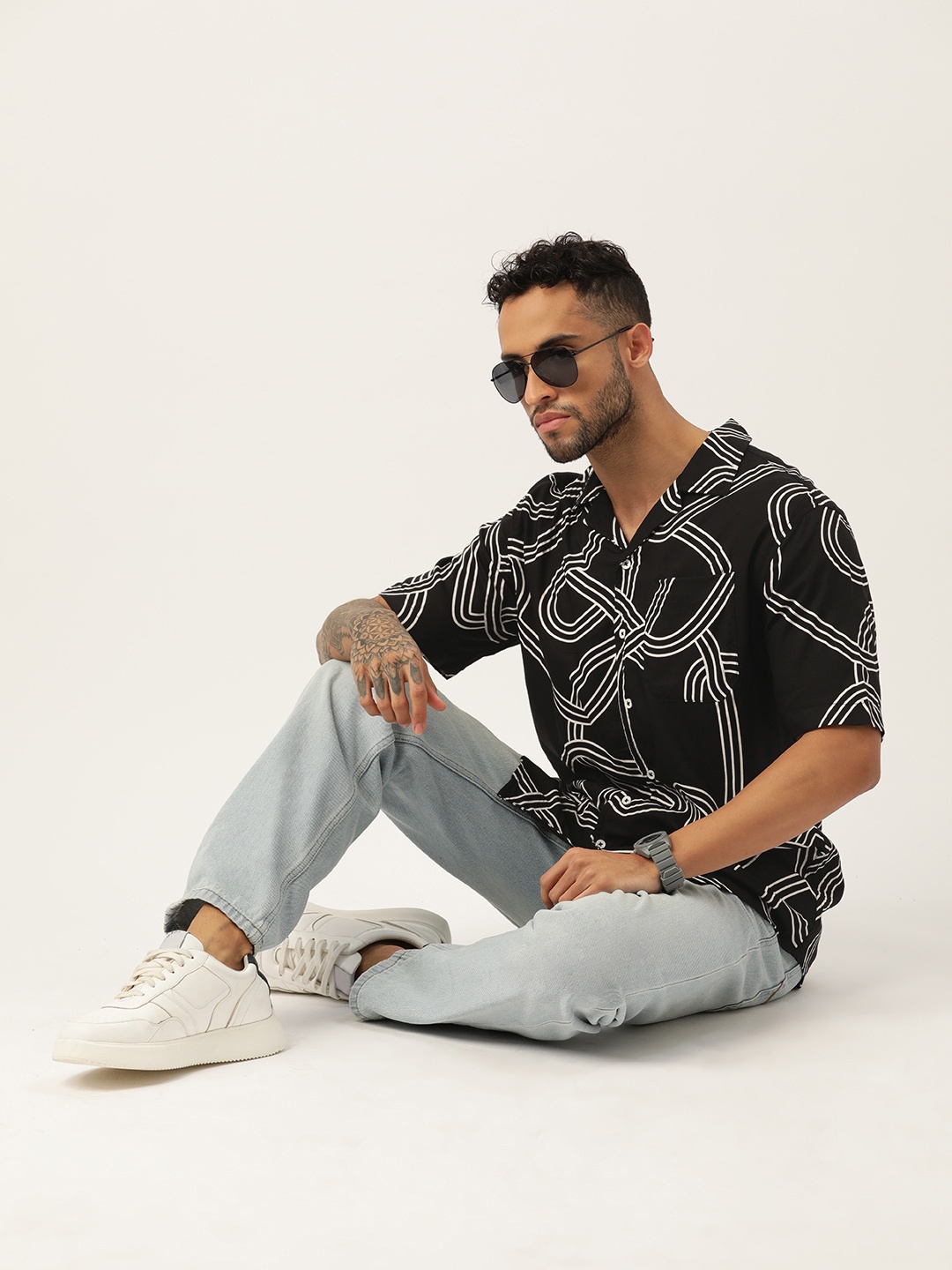 

ETC Men Printed Cuban Collar Casual Shirt, Black