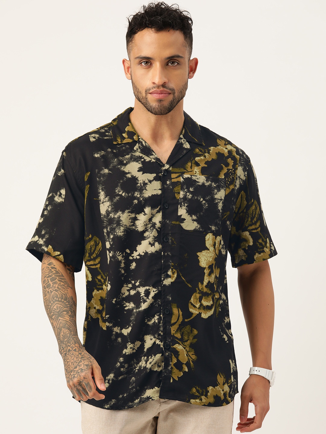 ETC Men Printed Cuban Collar Casual Shirt, Black