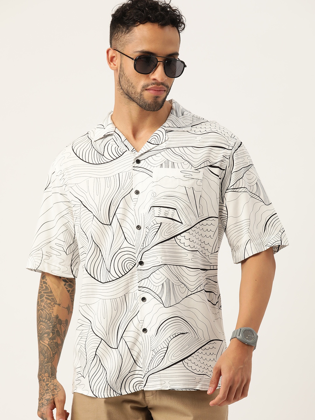 

ETC Men Printed Cuban Collar Casual Shirt, White