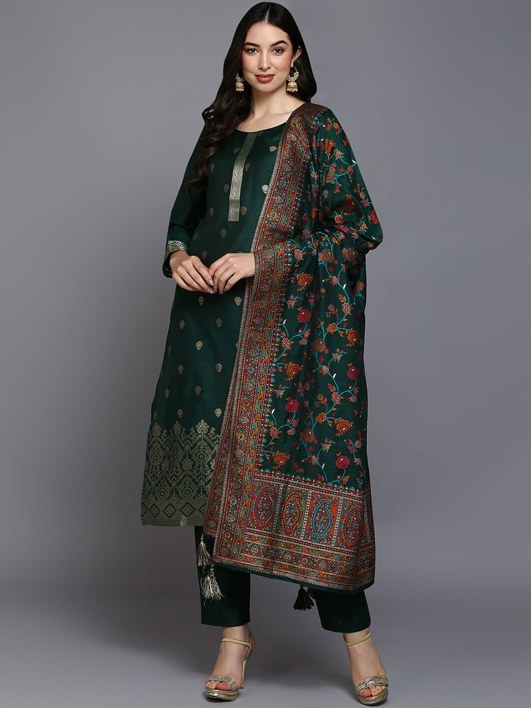

KALINI Ethnic Motifs Woven Design Round Neck Zari Straight Kurta With Trouser & Dupatta, Green