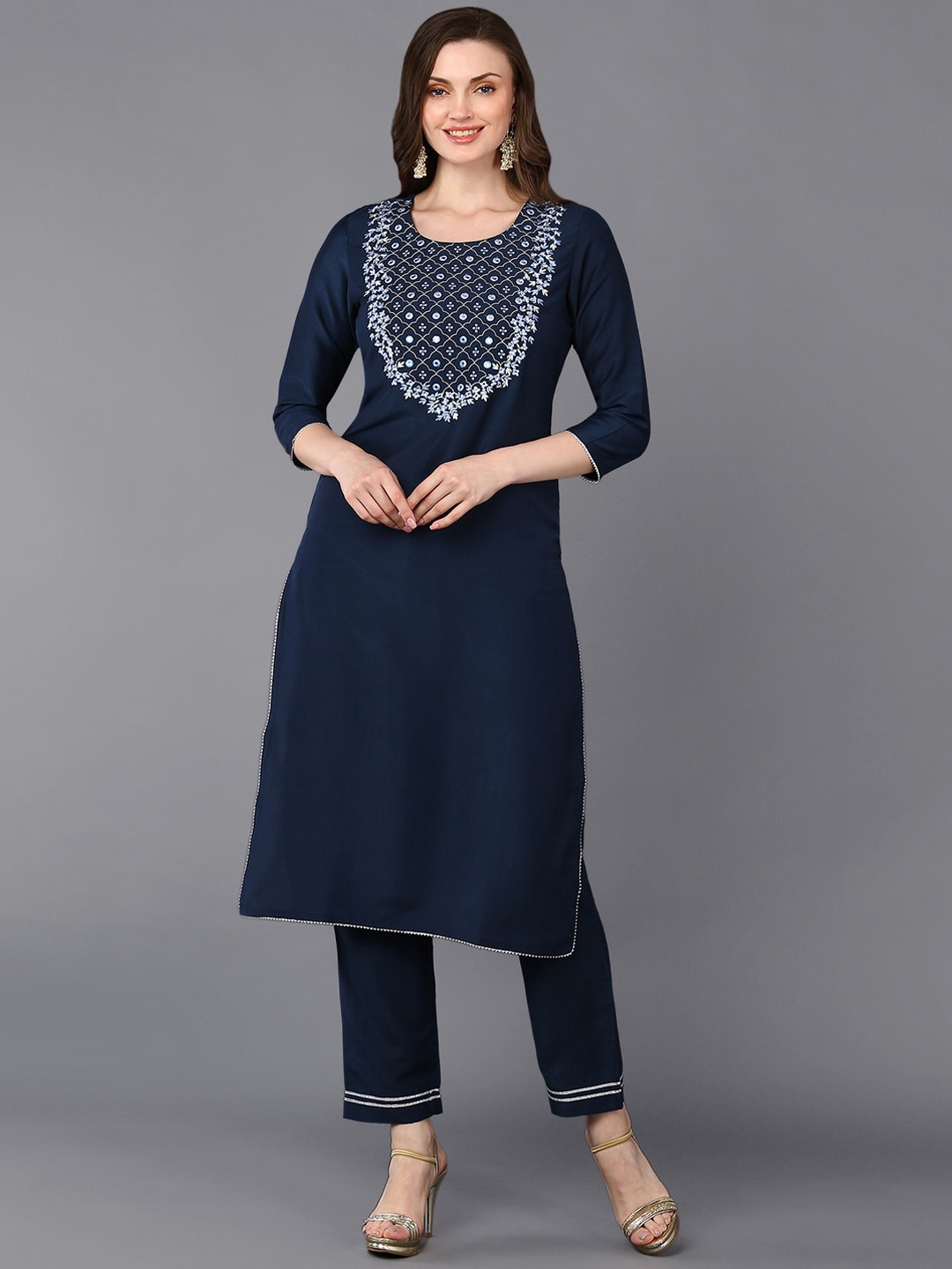 

KALINI Ethnic Motifs Yoke Design Thread Work Straight Kurta, Navy blue