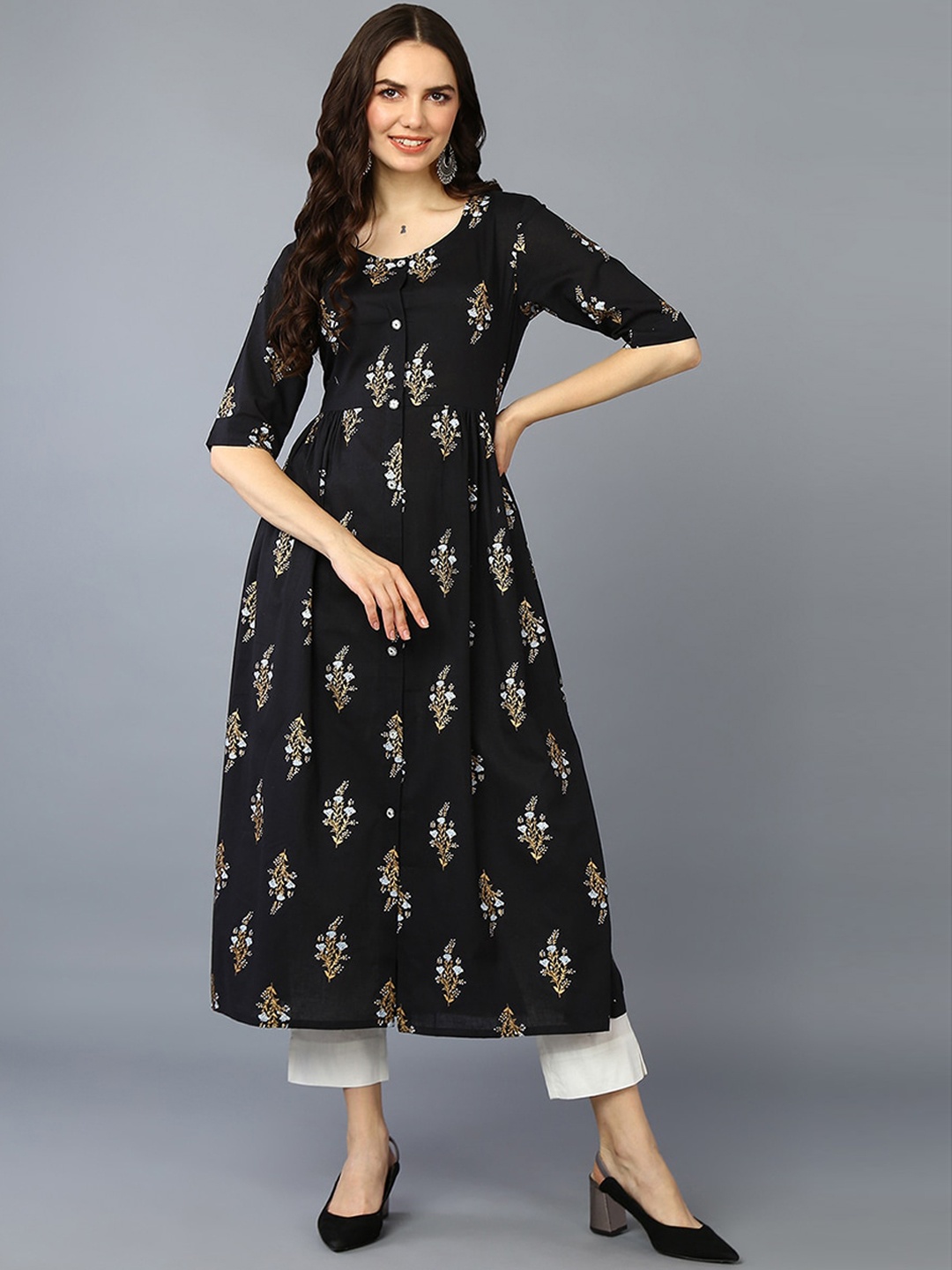 

KALINI Floral Printed Pure Cotton Anarkali Kurta, Black