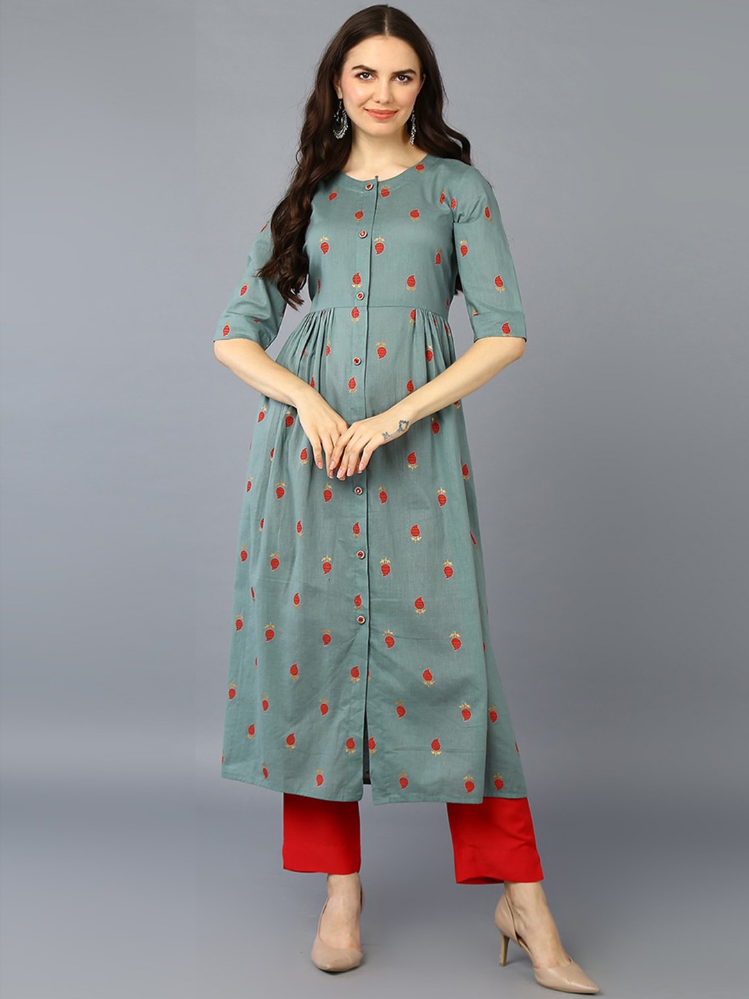 

KALINI Ethnic Motifs Printed Pure Cotton Kurta, Sea green