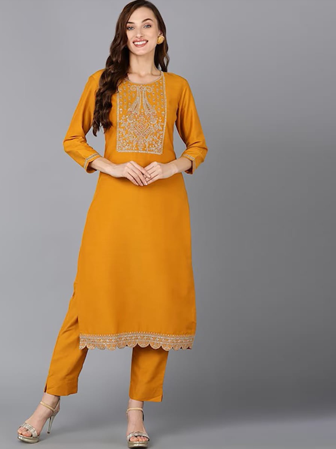 

KALINI Embroidered Woven Design Round Neck A-Line Flared Thread Work Kurta, Mustard