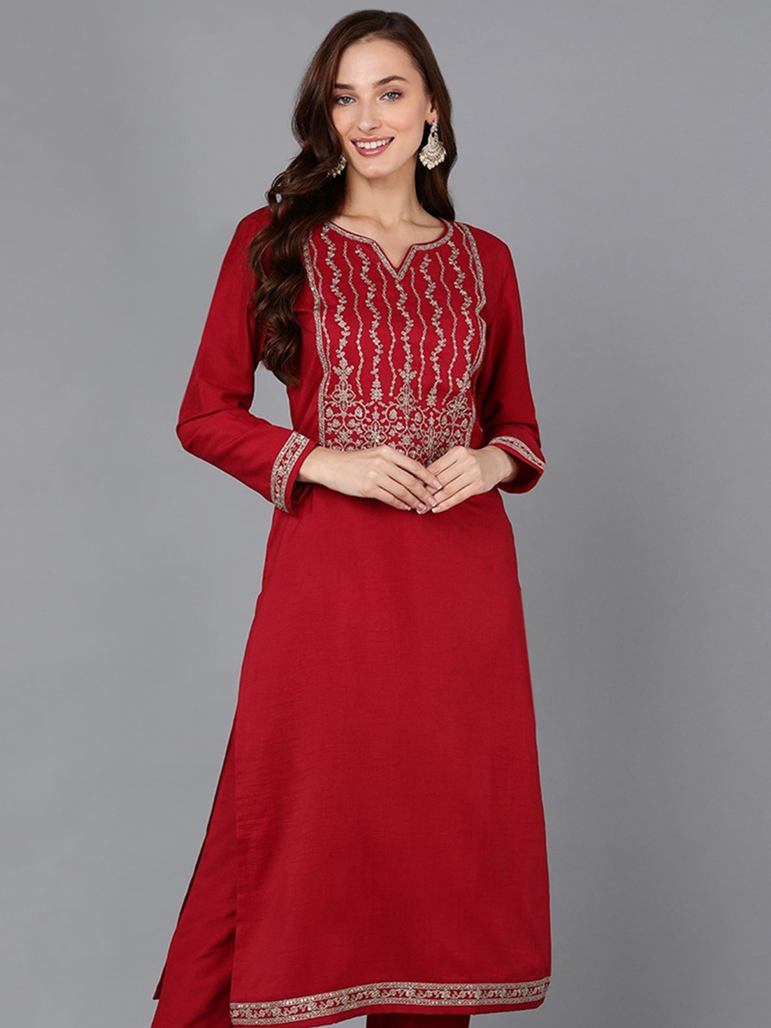

KALINI Embroidered Yoke Design Sequinned Straight Kurta, Red
