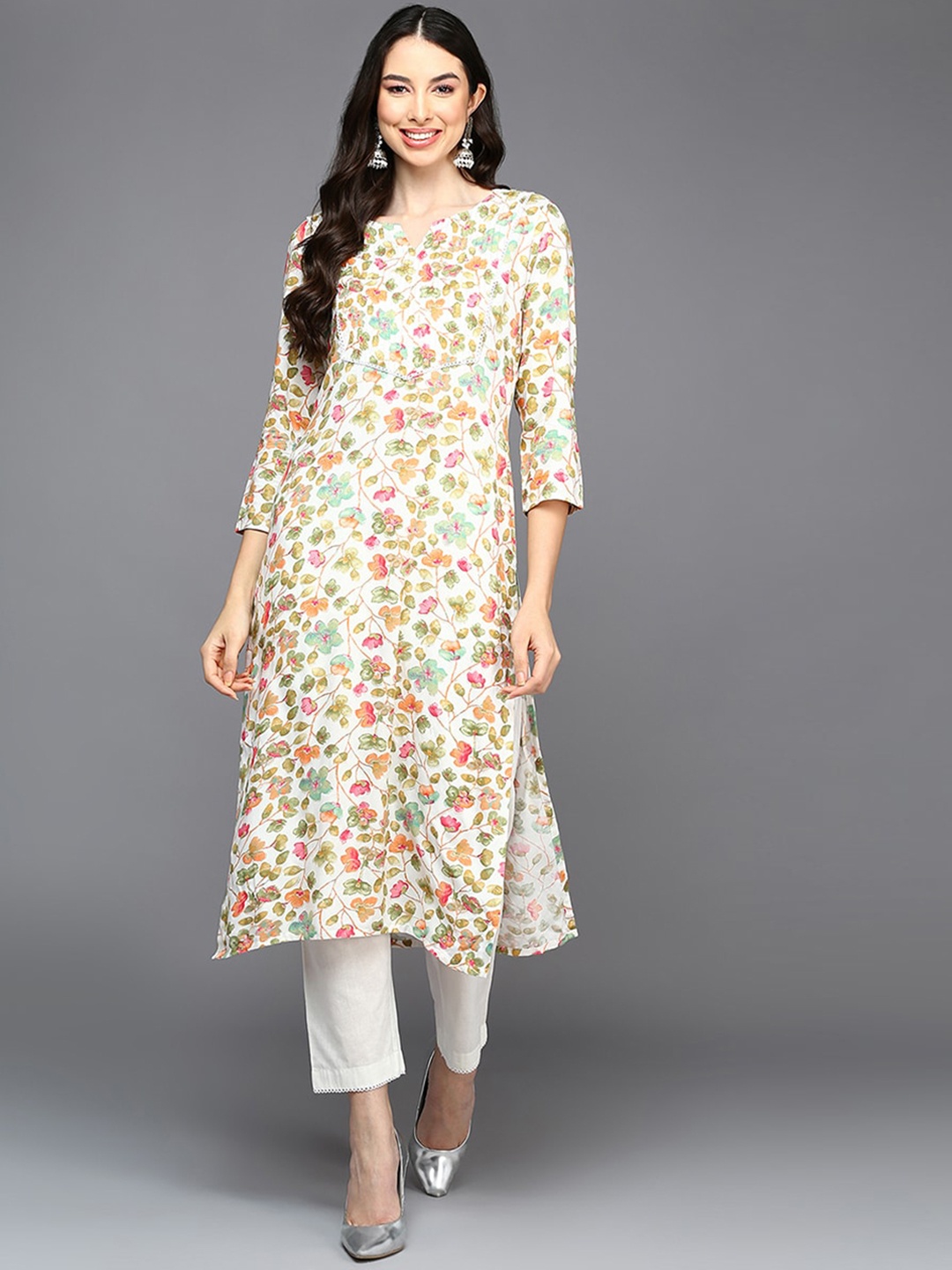 

KALINI Floral Printed Round Neck Straight Kurta, White
