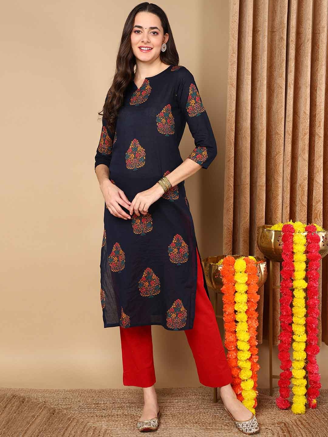 

KALINI Ethnic Motifs Printed Pure Cotton Kurta, Navy blue