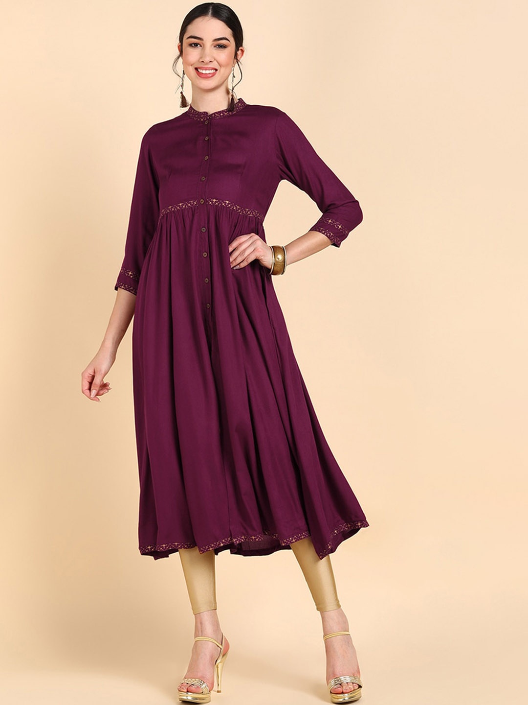 

KALINI Mandarin Collar A-Line Kurta, Burgundy