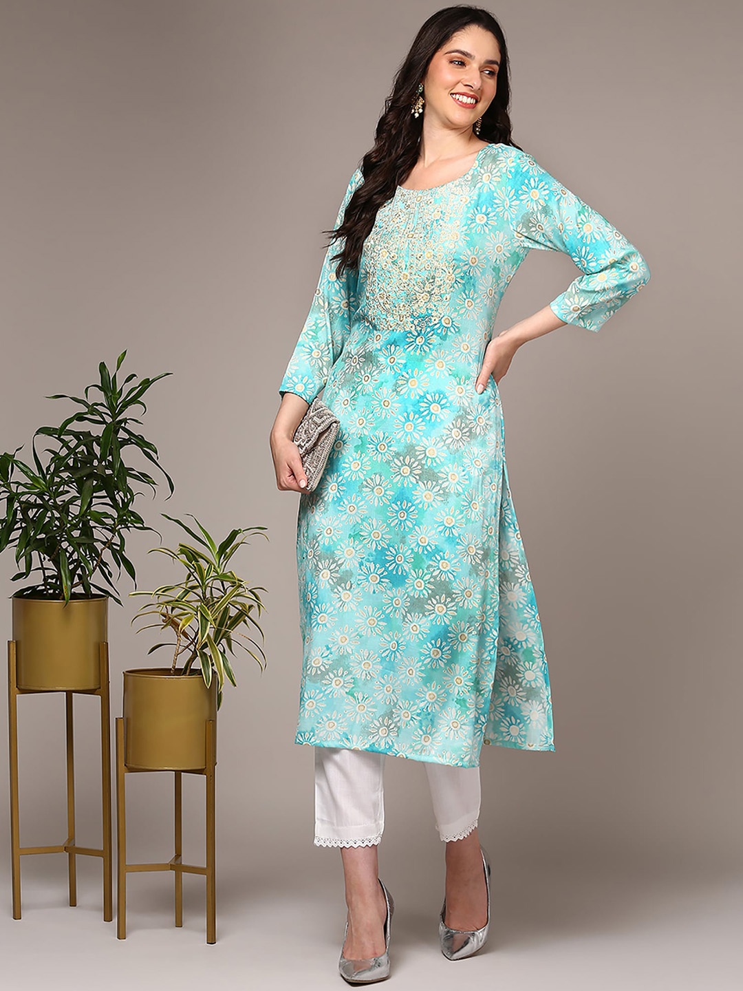 

KALINI Ethnic Motifs Printed Regular Sleeves Sequinned Straight Kurta, Blue