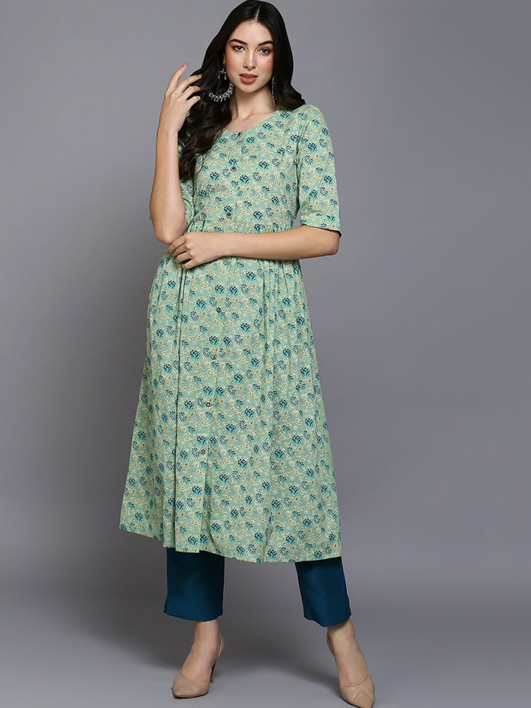 

KALINI Floral Printed Pure Cotton A-Line Kurta, Sea green