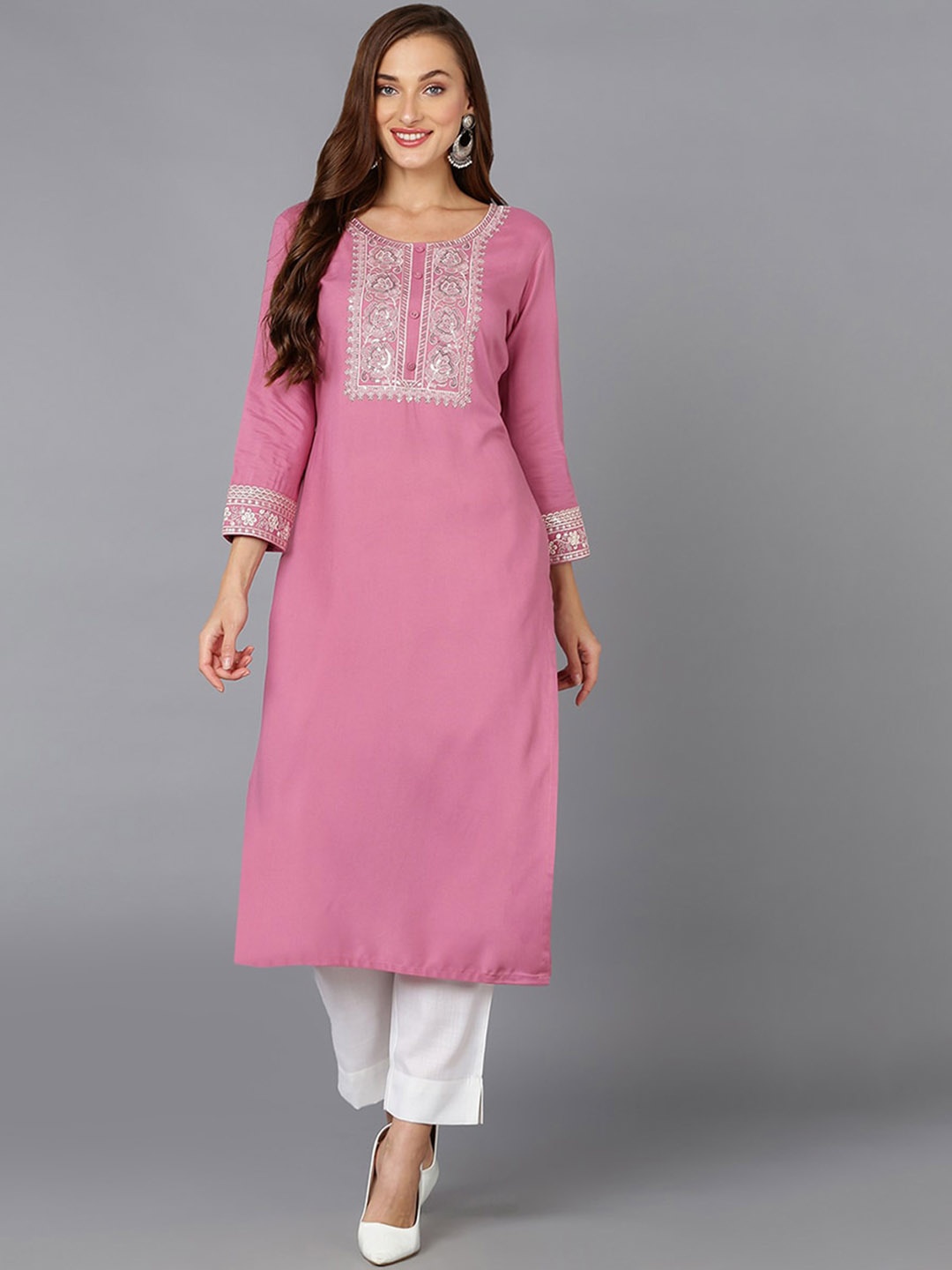 

KALINI Round Neck Yoke Design Thread Work Straight Kurta, Pink