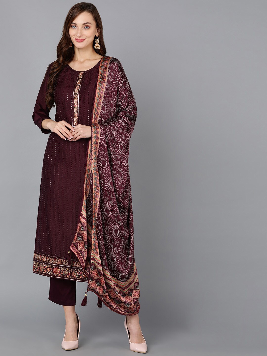 

KALINI Ethnic Embroidered Round Neck Sequinned Straight Kurta With Trouser & Dupatta, Maroon