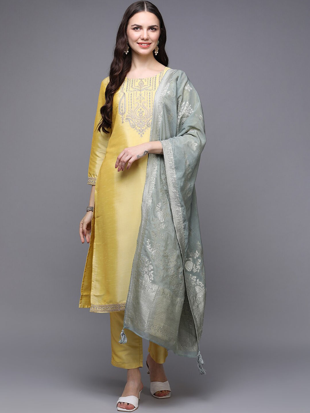 

KALINI Round Neck Yoke Design Straight Kurta with Trousers & Dupatta, Yellow