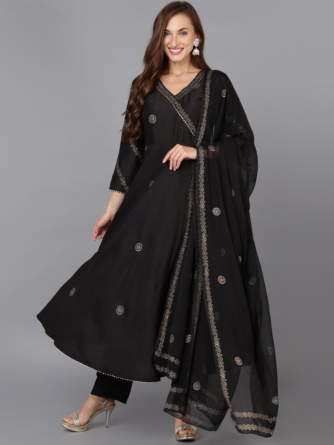 

KALINI Ethnic Motifs Printed Gotta Patti Angrakha Kurta With Trousers & Dupatta, Black