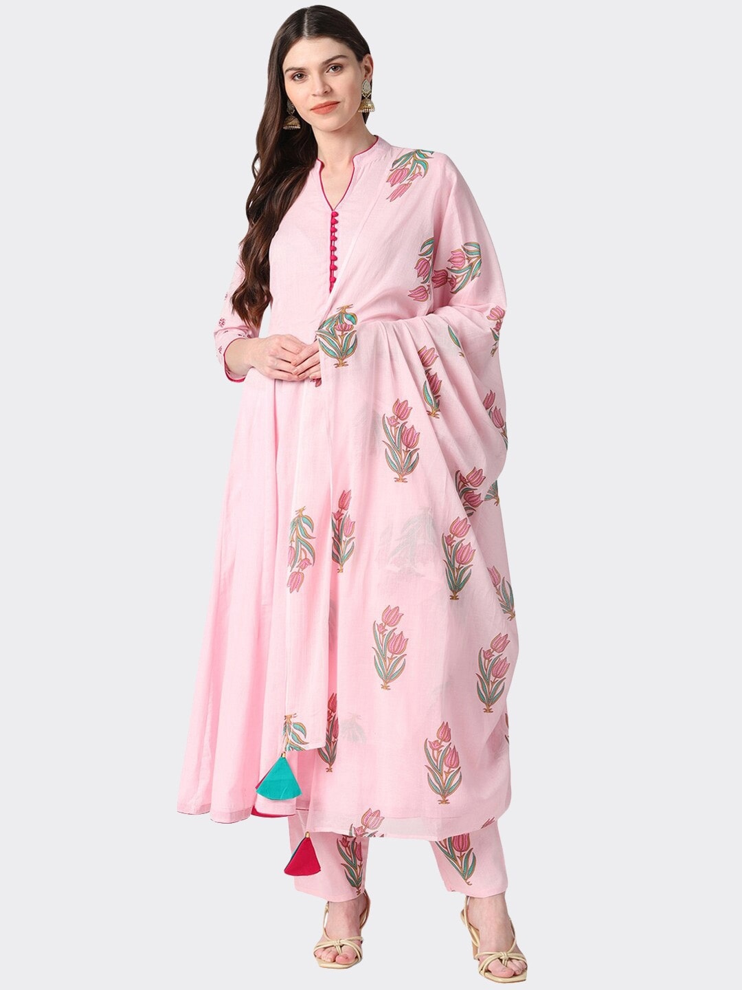 

KALINI Mandarin Collar Empire Pure Cotton Kurta with Trousers & With Dupatta, Pink