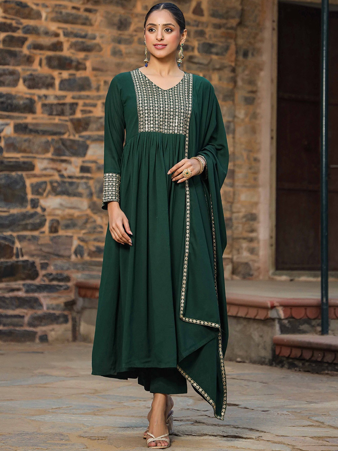

KALINI Floral Yoke Design Sequinned A-Line Kurta With Trousers & Dupatta, Green