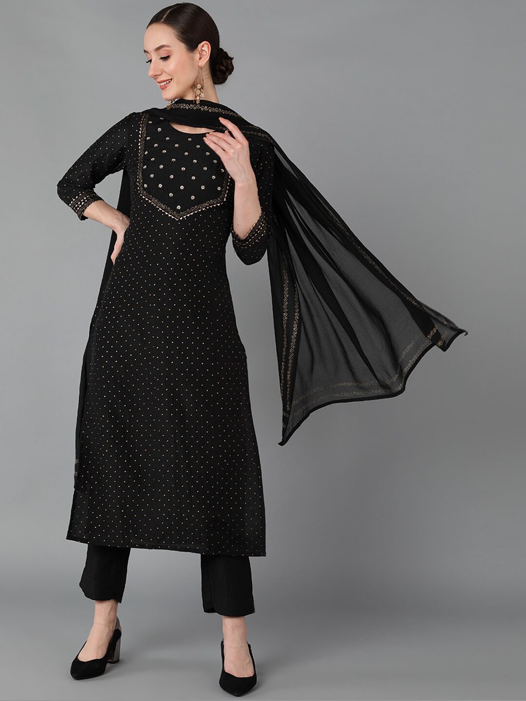 

KALINI Geometric Yoke Design Round Neck Gotta Patti Straight Kurta With Trouser & Dupatta, Black