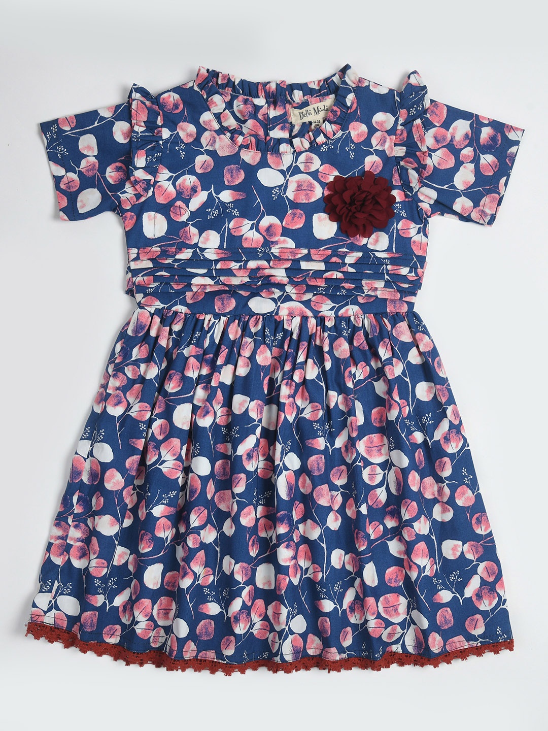 

Bella Moda Girls Floral Printed Round Neck Gathered Ruffles Cotton Fit & Flare Dress, Navy blue