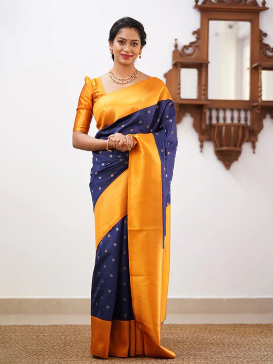 

nirja Fab Polka Dots Woven Design Zari Banarasi Saree, Blue