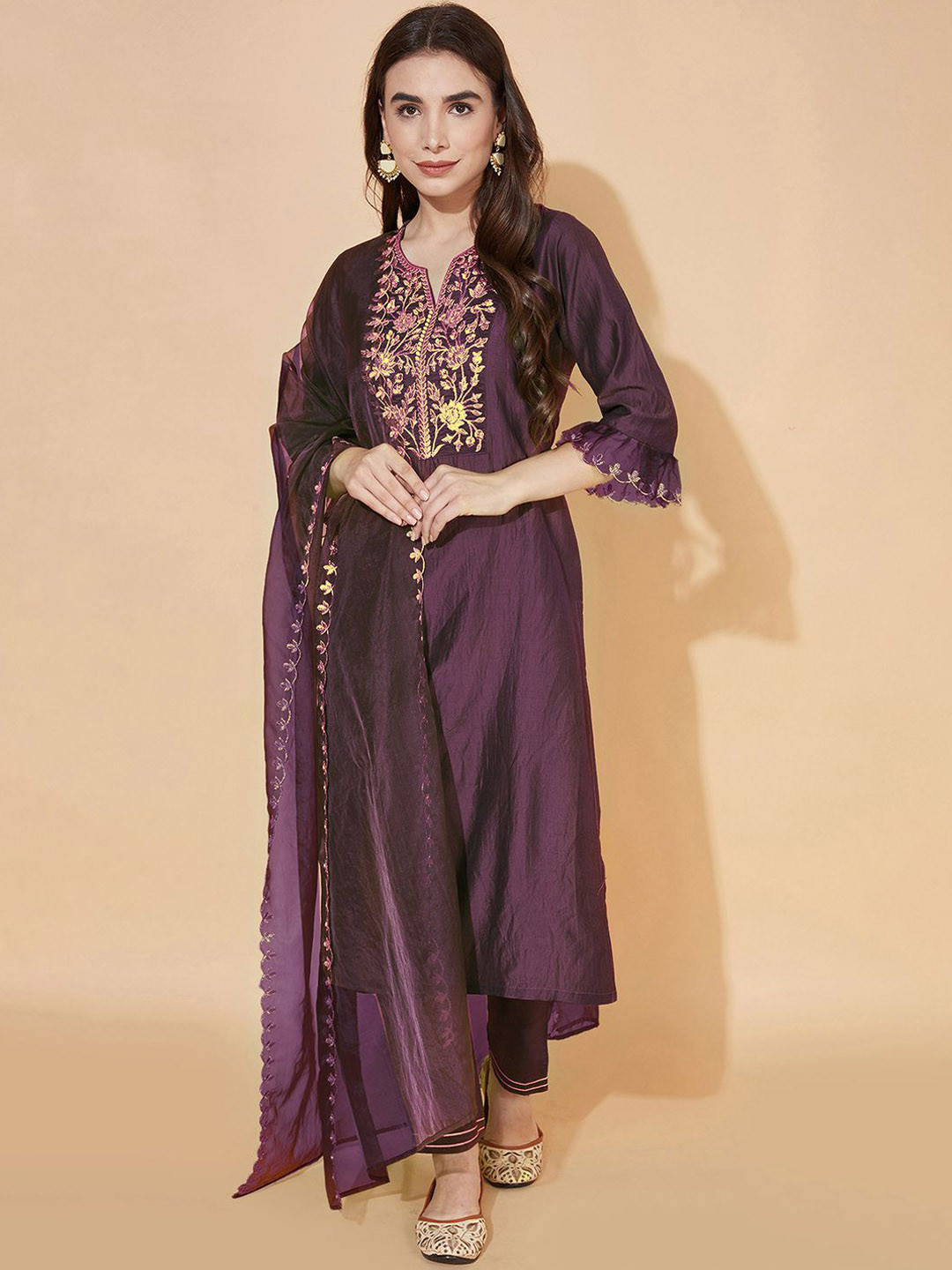 

Mitera Floral Yoke Design Thread Work Straight Kurta & Trousers With Dupatta, Purple