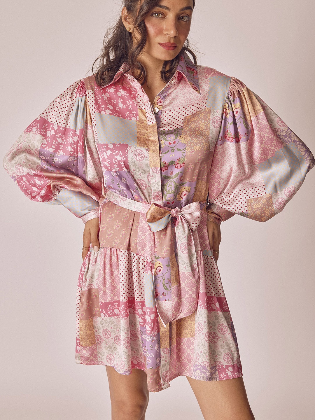 

The Label Life Floral Printed Shirt Collar Puffed Sleeves Shirt Style Dress, Pink