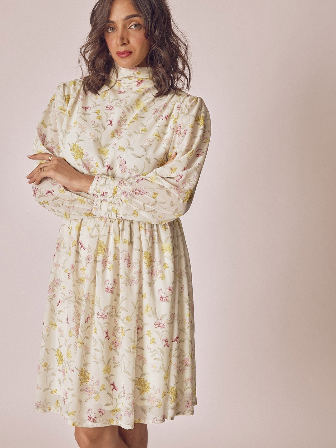 

The Label Life Floral Printed High Neck Smocked A-Line Dress, White