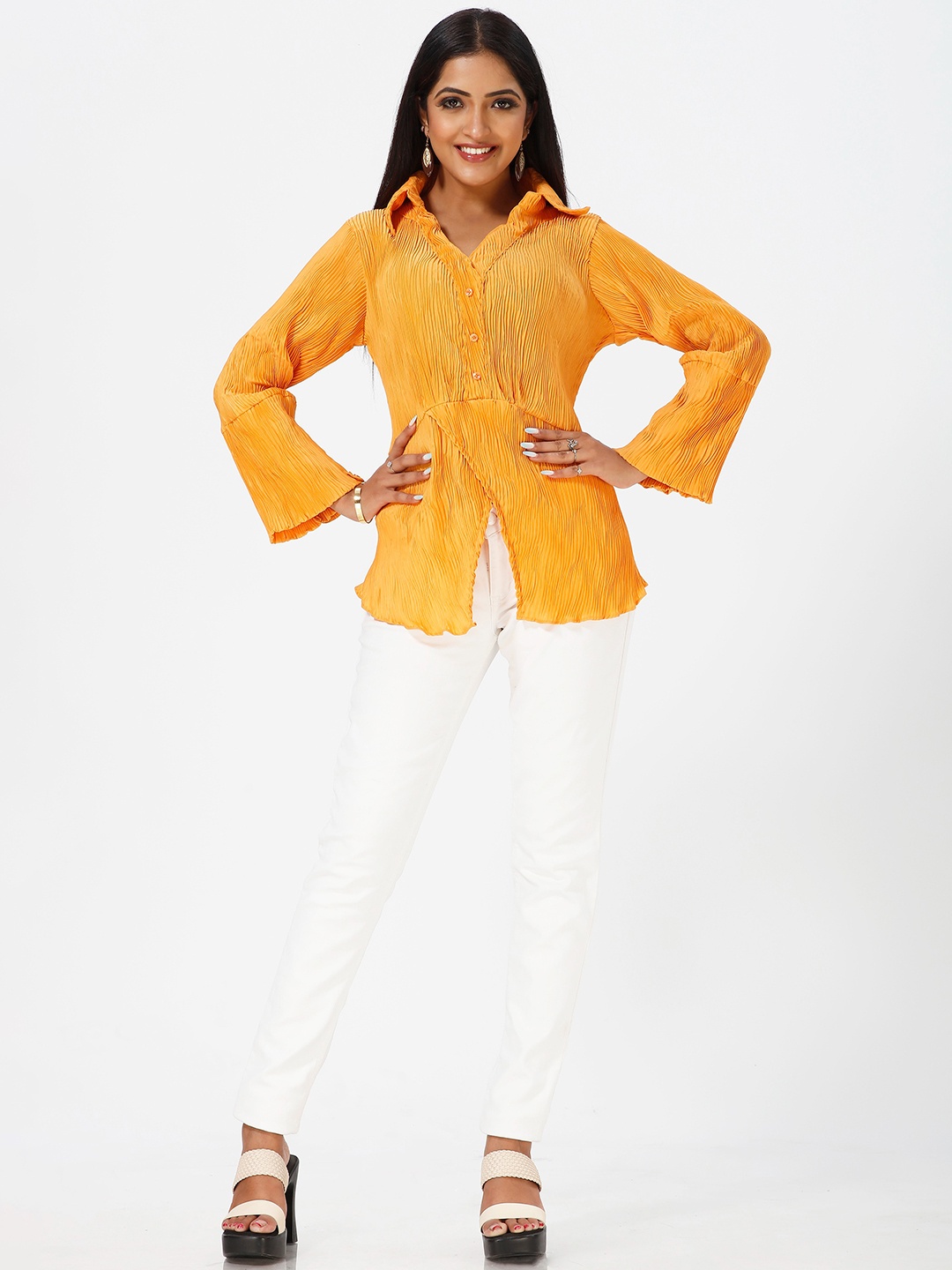 mrutbaa Long Sleeves Pleated Shirt Style Top, Yellow