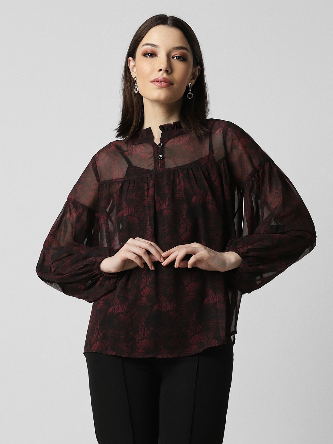 

Van Heusen Woman Floral Printed Mandarin Collar Puff Sleeve Semi Sheer Top, Black