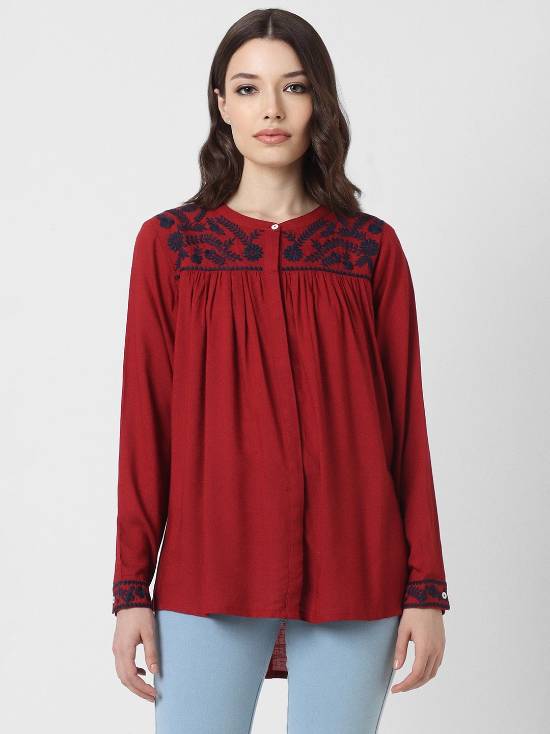 

Van Heusen Woman Floral Embroidered Mandarin Collar Cuffed Sleeves Top, Red