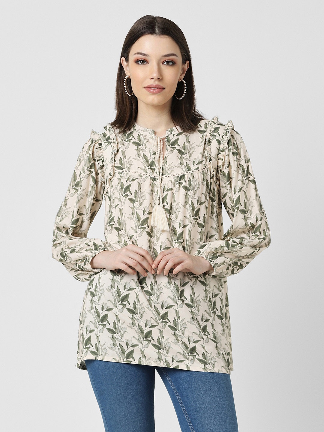 

Van Heusen Woman Floral Printed Mandarin Collar Tunic, Cream