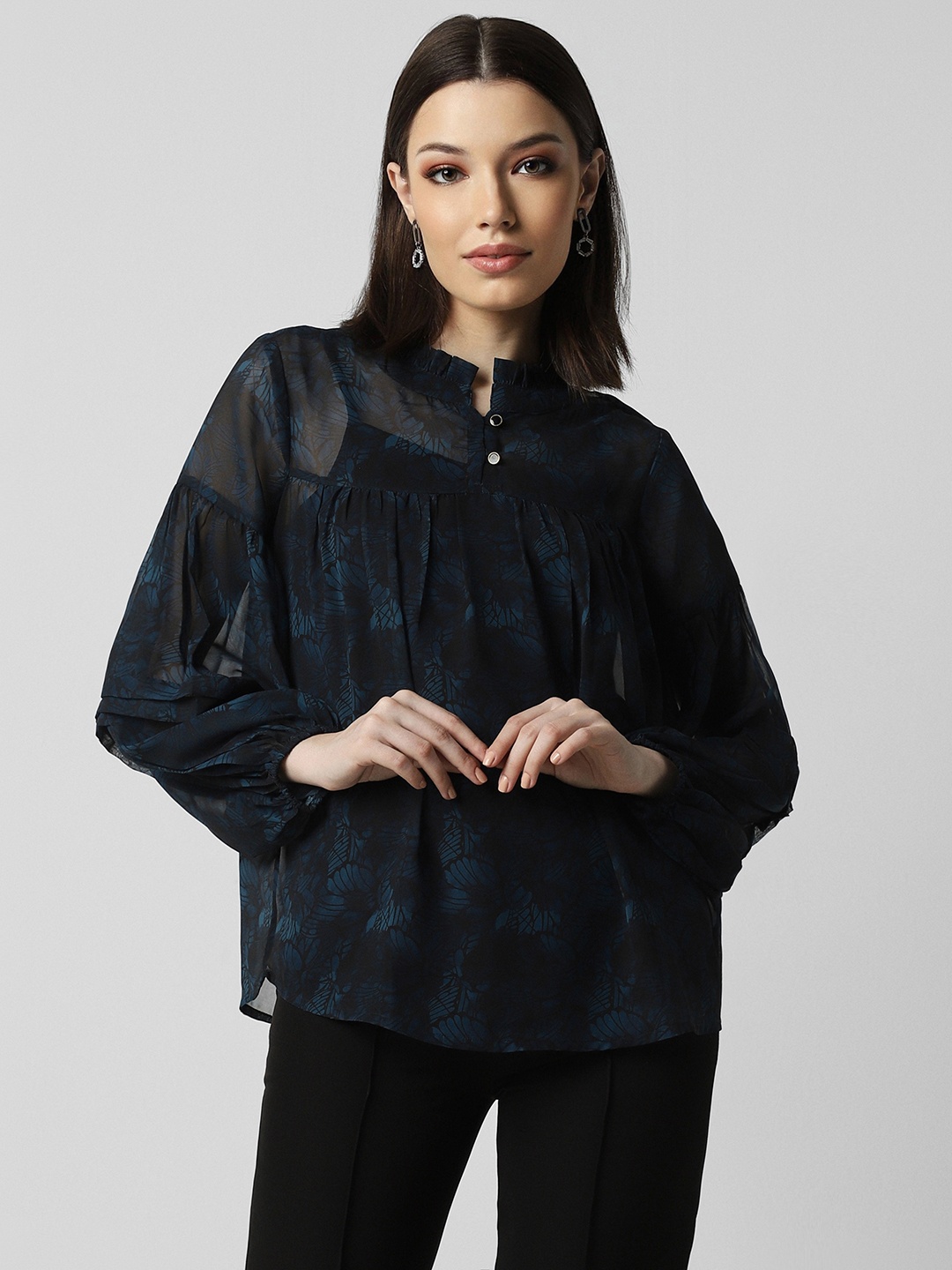 

Van Heusen Woman Floral Printed Mandarin Collar Puff Sleeve Semi Sheer Top, Black