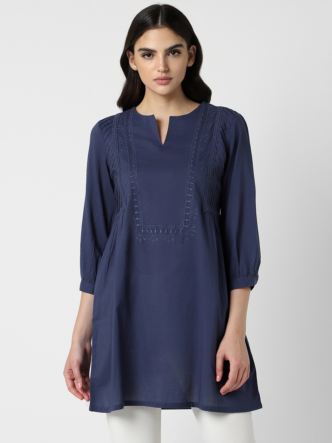 

Van Heusen Woman Floral Embroidered Pure Cotton Tunic, Navy blue