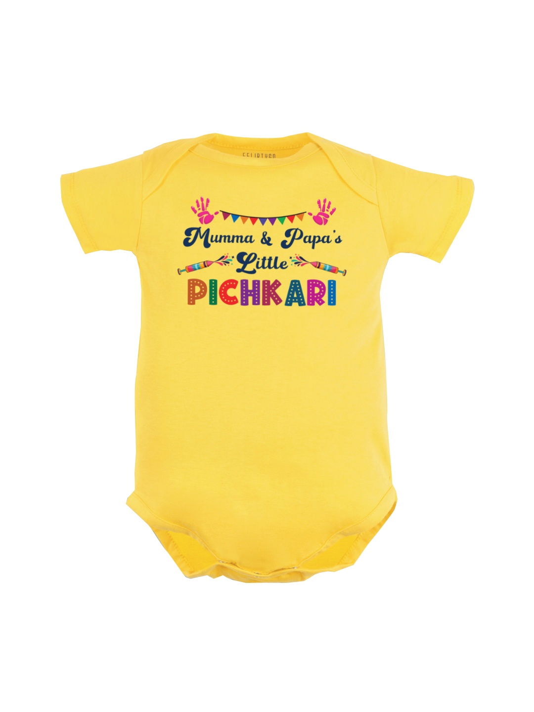 

FFLIRTYGO Infants Typography Printed Holi Special Pure Cotton Bodysuit, Yellow