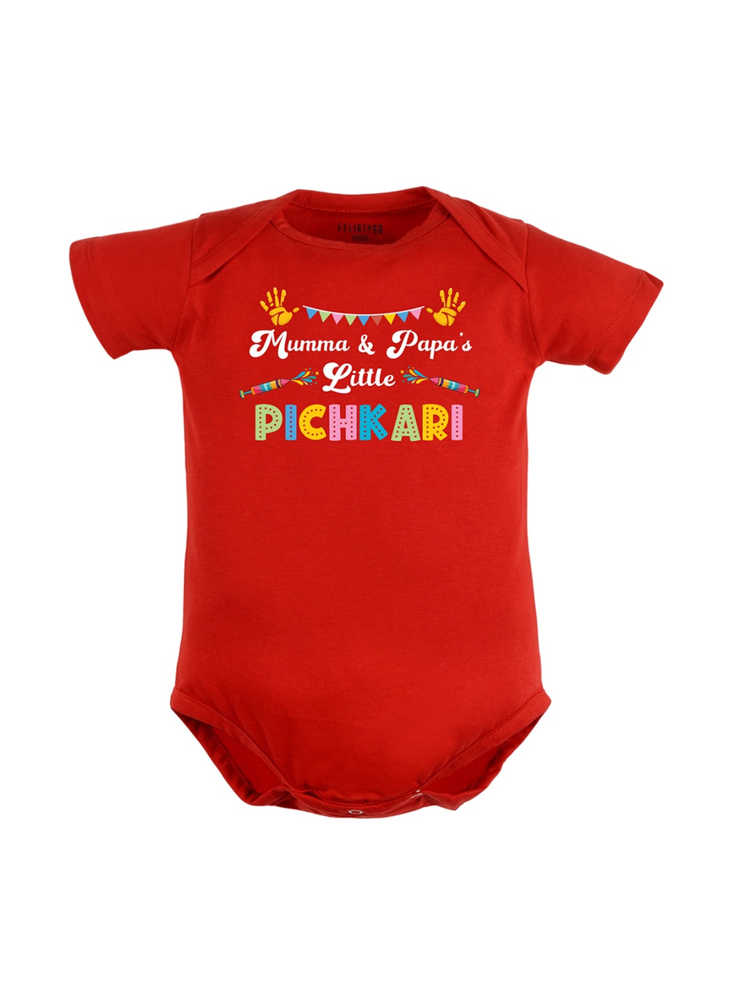 

FFLIRTYGO Infants Typography Printed Holi Special Pure Cotton Bodysuit, Red