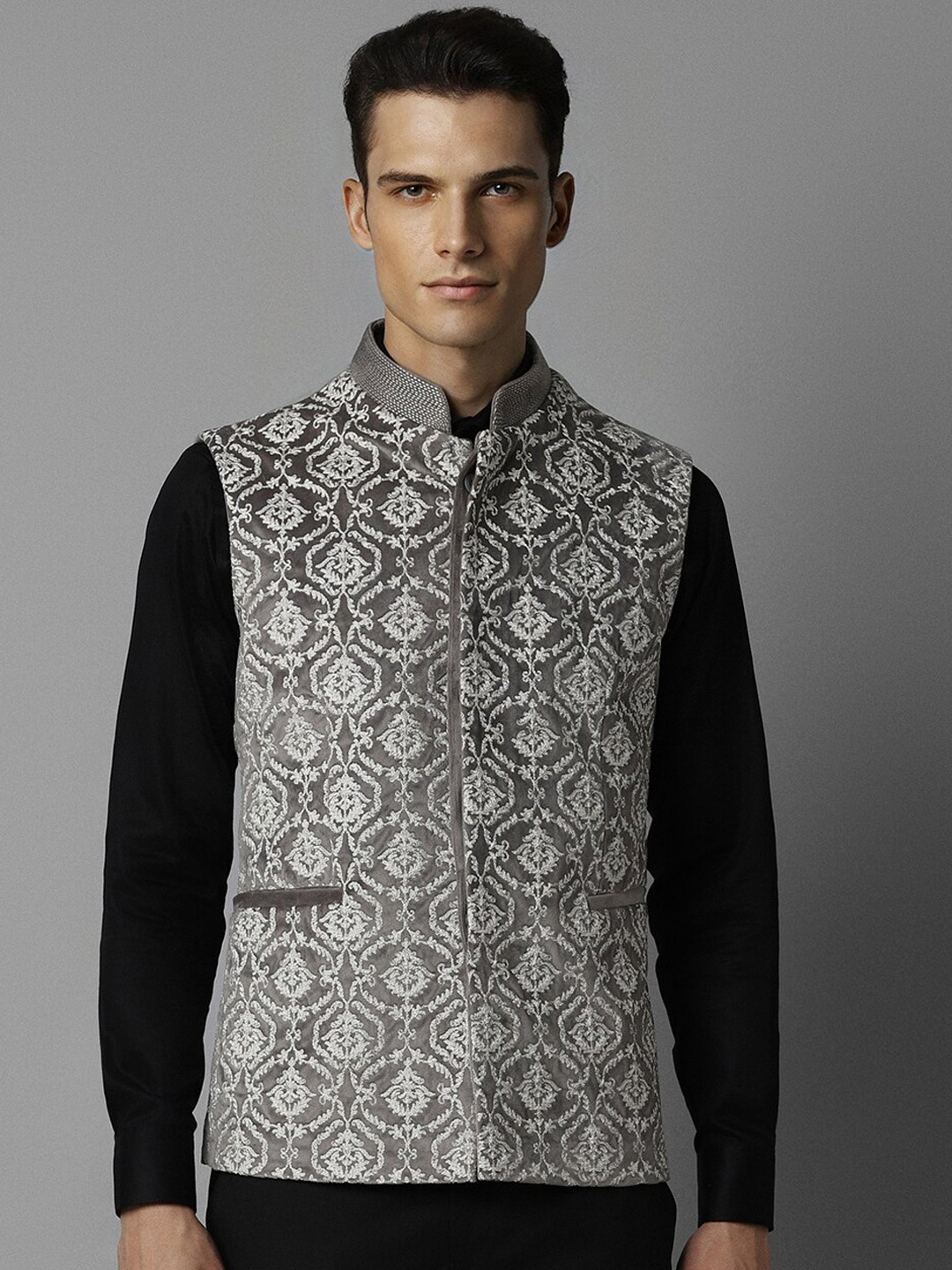 

Louis Philippe Ethnic Motifs Embroidered Slim-Fit Nehru Jacket, Grey