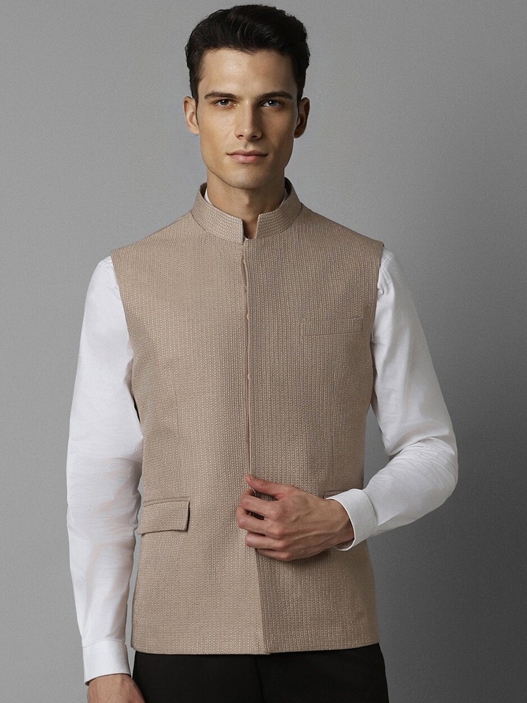 

Louis Philippe Embroidered Slim Fit Nehru Jacket, Beige