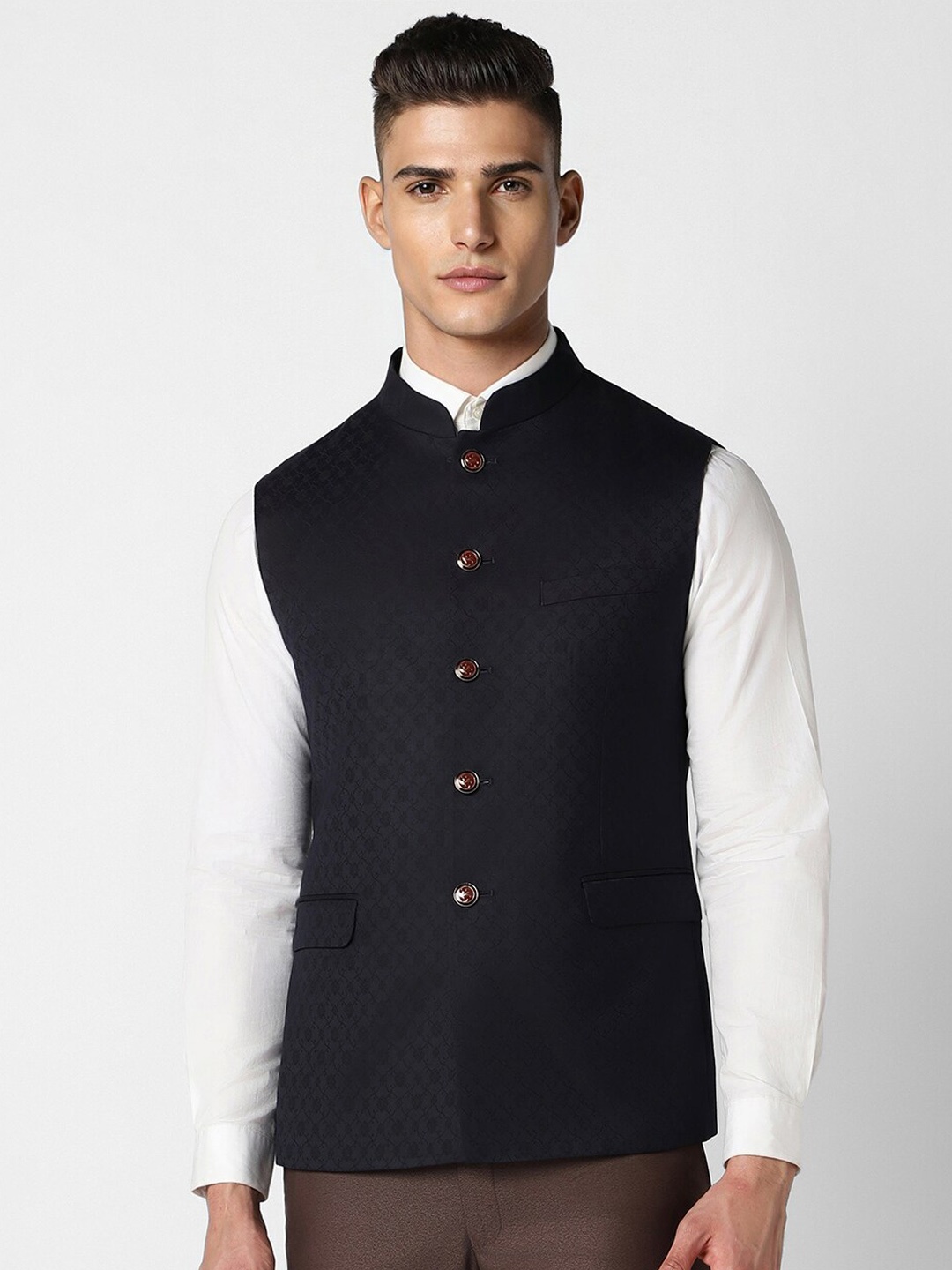 

Van Heusen Floral Woven Design Textured Nehru Jacket, Black