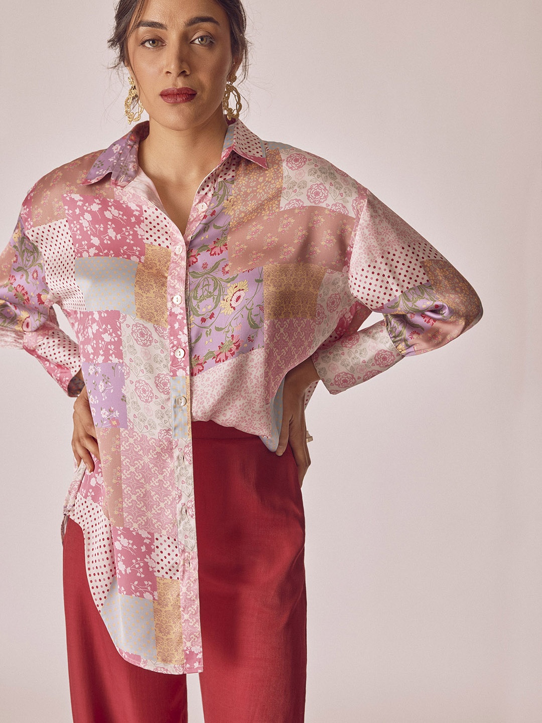 

The Label Life Floral Printed Spread Collar Long Sleeves Oversized Casual Shirt, Pink