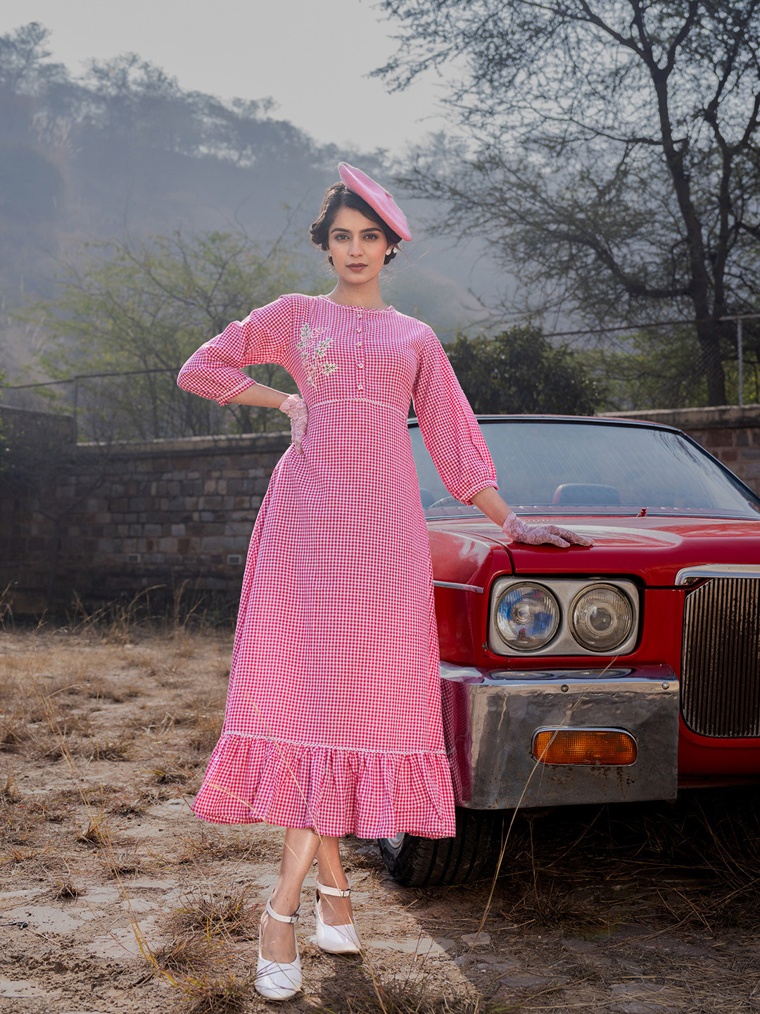 

Yufta Checked Embroidered Pure Cotton A-Line Midi Dress, Pink